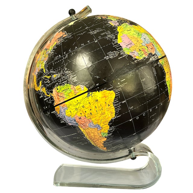 Fornasetti Vintage Black World Globe on Lucite Base – Illuminated Mid-Century Modern Style For Sale - Image 4 of 10