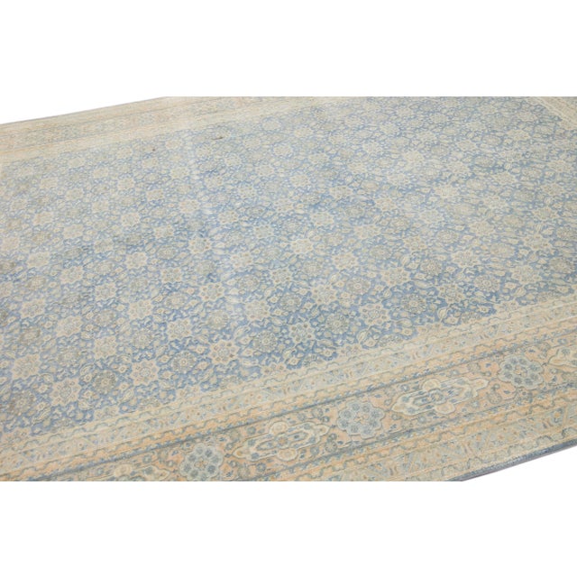 Blue Antique Persian Tabriz Handmade Floral Pattern Blue Wool Rug For Sale - Image 8 of 11