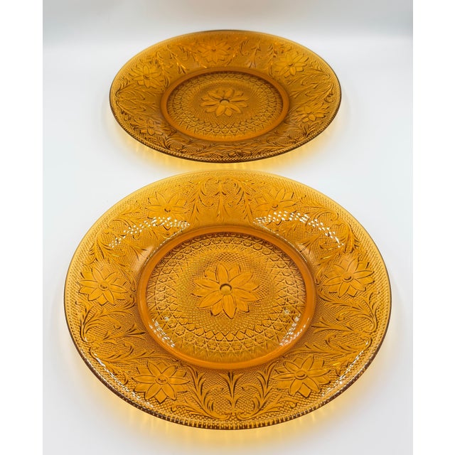 Indiana Glass Company 1960s Indiana Sandwich Glass Tiara Amber 2pc Set Dinner Plates For Sale - Image 4 of 5