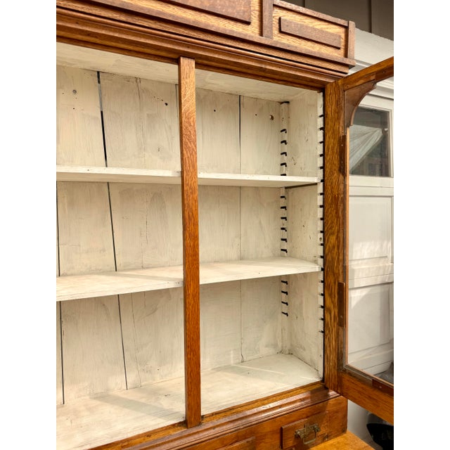 Early 20th Century Early 1900s Architectural Oak Display Glass-Front Cabinet on Chest For Sale - Image 5 of 18