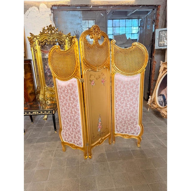 Gold Vintage Rococo Folding Screen Handpainted Floral Gold leaf Set For Sale - Image 8 of 8