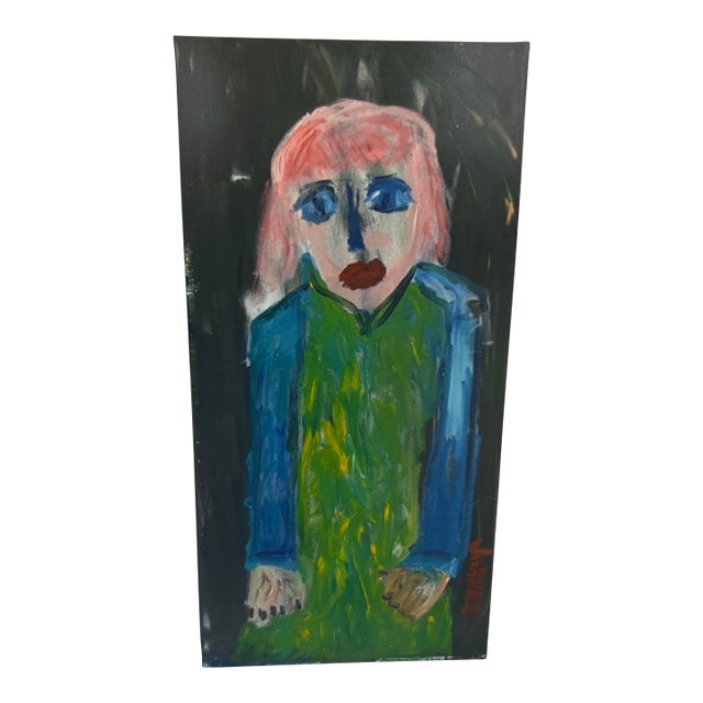 Abstract Painting of a Female With Pink Hair by Artist JoAnne Fleming, Signed (30” X 15”) For Sale