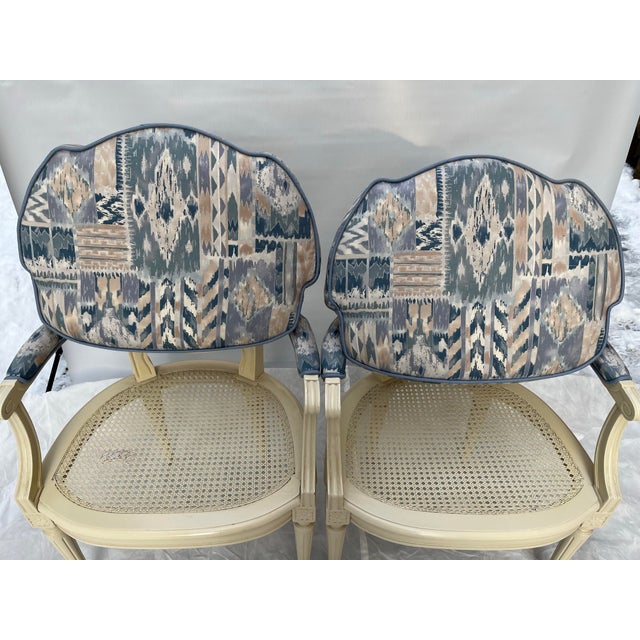 Wood Vintage Painted Caned Louis XVI Fauteuil Chairs a Pair For Sale - Image 7 of 12