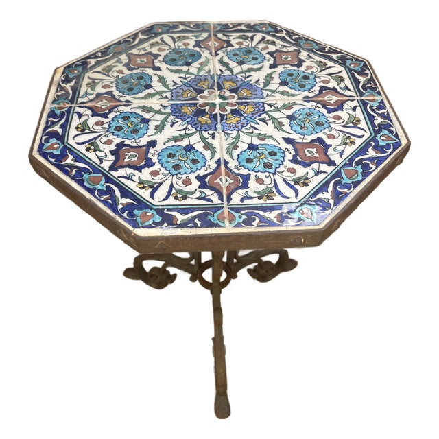 1920s Arts & Crafts California Yellin School Octagonal Mosaic Iron Tile Top Table, Attributed For Sale