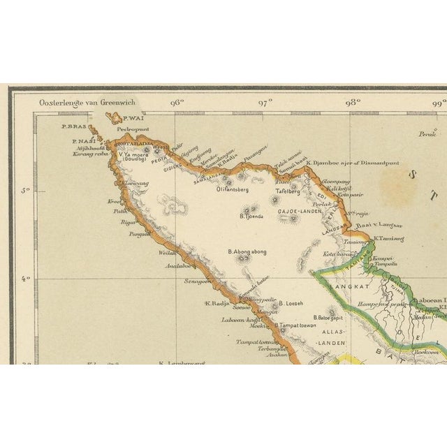 Gold Antique Map of Sumatra, Bangka Belitung and Riau in the Dutch East Indies, 1884 For Sale - Image 8 of 9