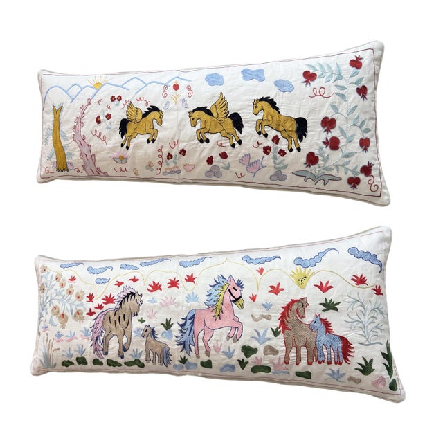 Mid-Century Modern White Horse Suzani Lumbar Pillow Cover 18'' X 52'' - Set of Two For Sale - Image 3 of 4