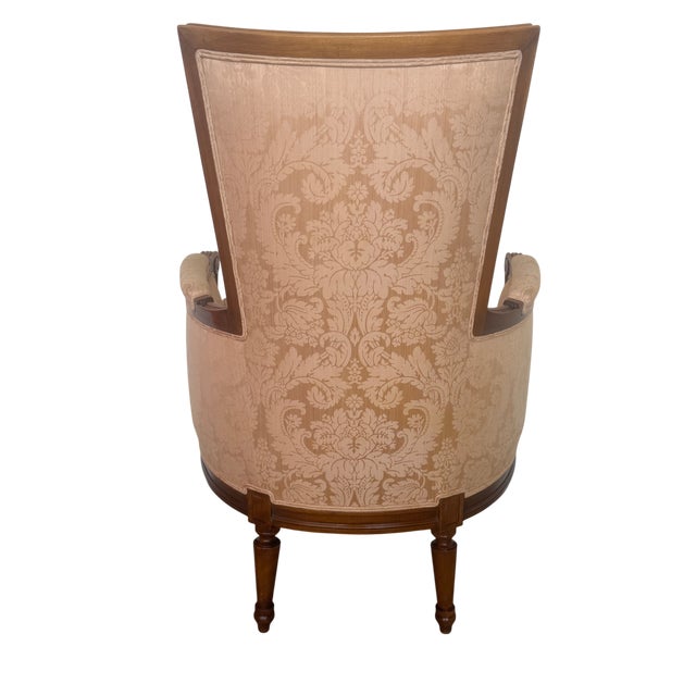 1950's French Bergere Damask Apricot Lounge Chair For Sale - Image 4 of 9