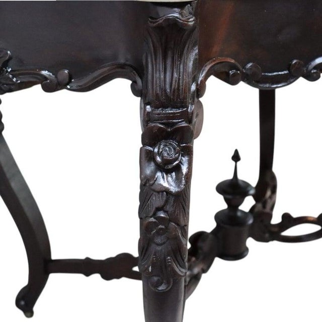 Late 19th Century Oversized Rococo Revival Floral Carved Walnut Marble Turtle Top Table C1890 For Sale - Image 5 of 10