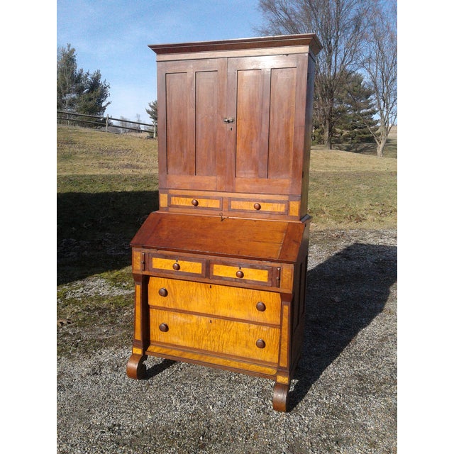 Antique 2 Piece Cherry Curly Maple Slant Front Secretary Desk w Bookcase Top 1850s An antique two piece cherry and curly...