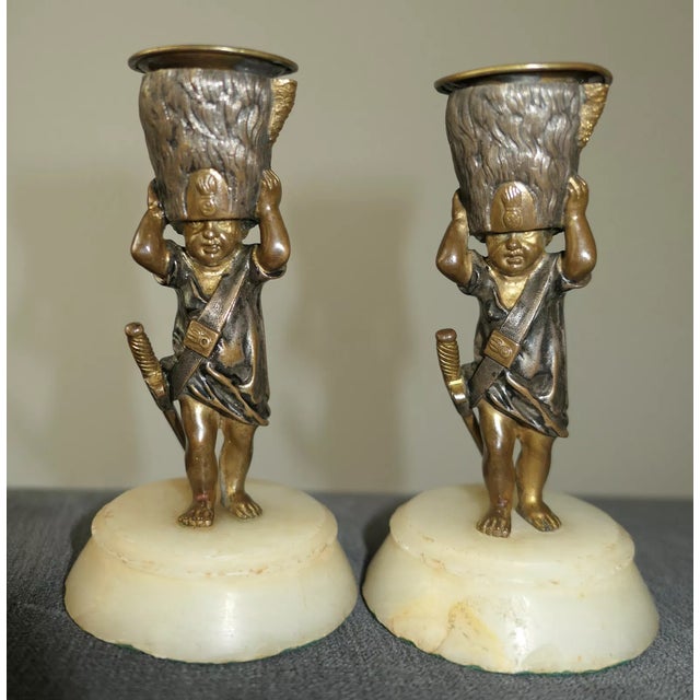 19thc French Antique Louis XVI Polychromed Bronze Military Cherub Candle Holders a - Pair For Sale - Image 12 of 12
