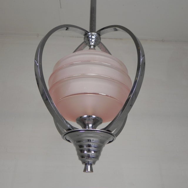 Art Deco Pendant Lamp with Glass Shade and Chrome Frame, 1930s For Sale - Image 4 of 18