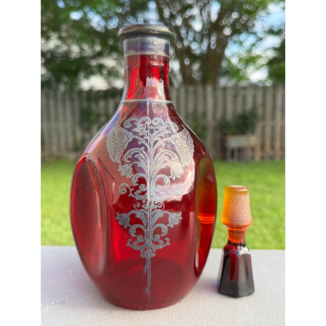 Metal 1930s Bohemian 10" Ruby Red Decanter Victorian Sterling Silver Overlay For Sale - Image 7 of 11