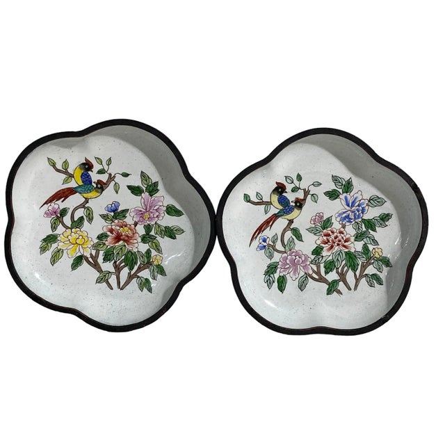 Paint Old Chinoiserie Enamel Small Decorative Plates S/2 For Sale - Image 7 of 7