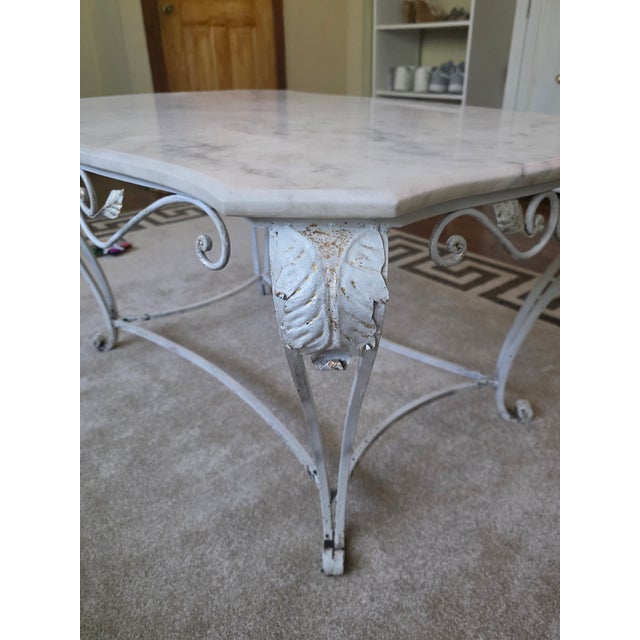 French Provincial Vintage Hand Forged French Provincial Marble Top Coffee Table For Sale - Image 3 of 5