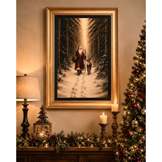 Wood Large Santa & Reindeer Christmas Canvas Print in Gilded Wood Frame, 36” For Sale - Image 7 of 11