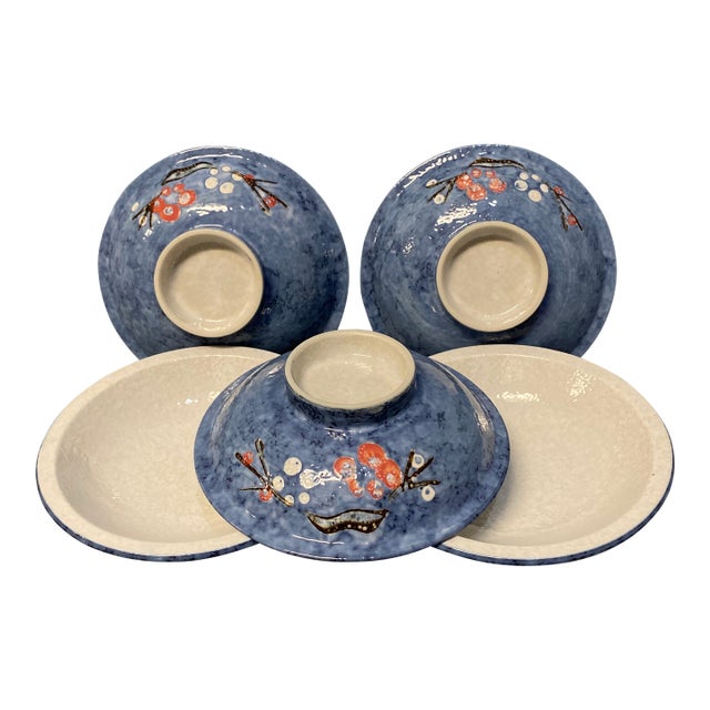 1980s Footed Stoneware Donburi Bowls- Set of 5 For Sale
