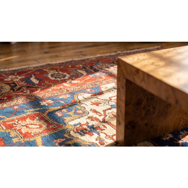 Beautiful Ivory Background With Distinctive Red Medallion Design Antique Persian Serapi Rug For Sale - Image 15 of 15