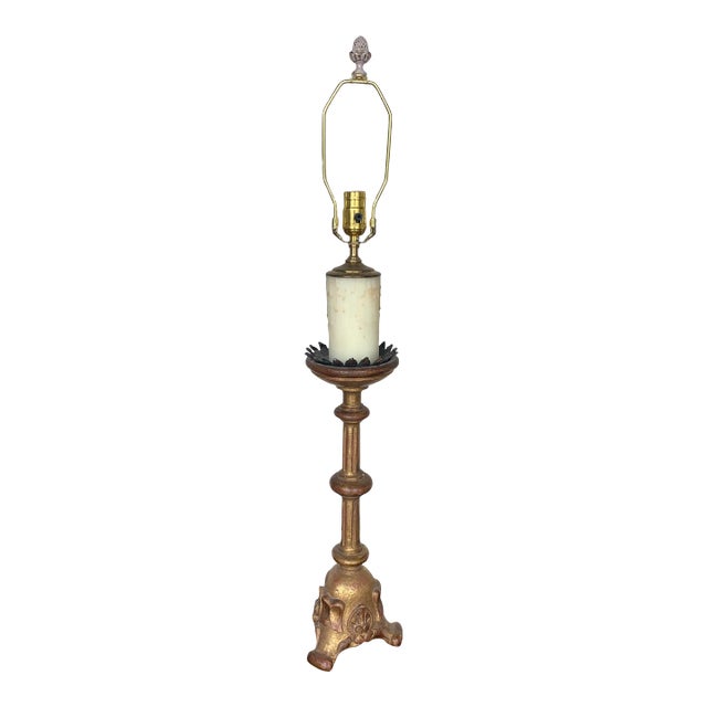 Vintage Mid 20th Century Alter Candlestick With Gold Leaf Turned Into