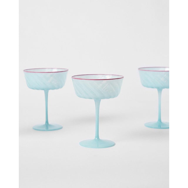 Art Deco Baby Blue Ripple Optic Swirl Coupe Champagne Coctail Glasses (Set of 6) For Sale - Image 3 of 8