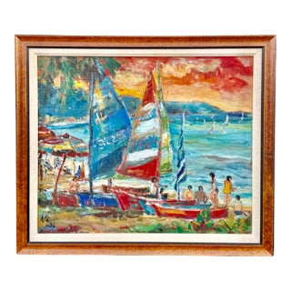 Vintage Japanese Signed Oil Painting Coastal Beach Scene W/ Sailboats in Burlwood Frame For Sale