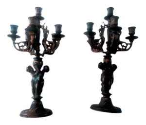 French Louis XV Style 19th Century Bronze 6 Arm Cherub Candelabras - A Pair