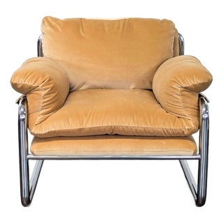 West Elm Desmond Lounge Chair With Chrome Frame and Plush Cushions For Sale