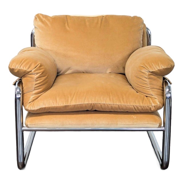 West Elm Desmond Lounge Chair With Chrome Frame and Plush Cushions For Sale