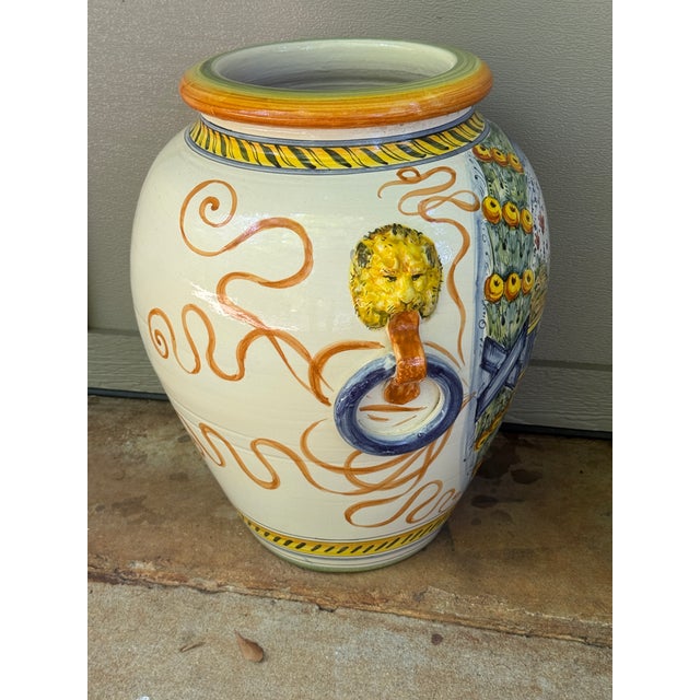 Large 21” Hand-Painted Majolica-Style Floor Urn With Lion Head Ring Handles For Sale - Image 9 of 14