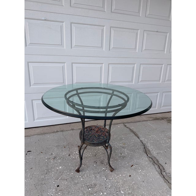 French Provincial Vintage Glass Top Wrought Iron Bistro Table For Sale - Image 3 of 12