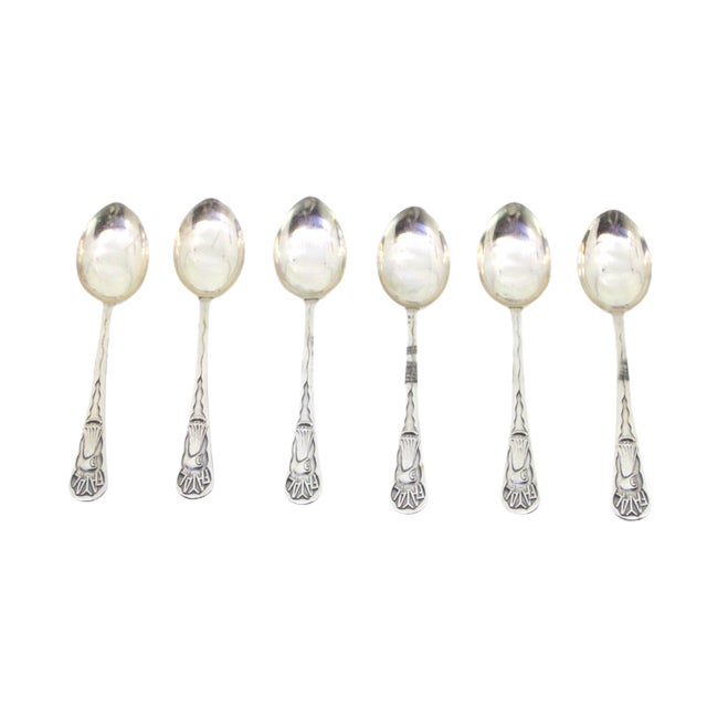 Silver Coffee Spoons with Embossed Handle Figures, Set of 6 For Sale - Image 3 of 3
