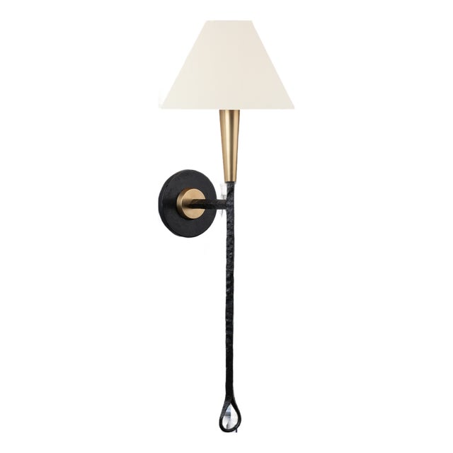 Thomas O'Brien for Visual Comfort Signature Cavalli 27" Tail Sconce in Aged Iron and Hand-Rubbed Antique Brass with Linen Shade For Sale