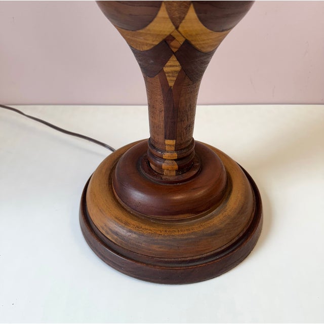 1940s Mid-Century Turned Mixed Wood Lamp With Shade For Sale - Image 5 of 12