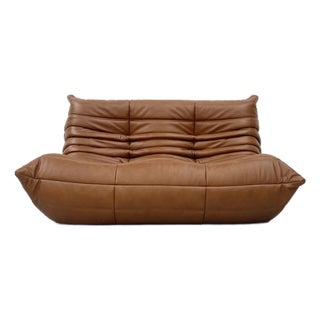 French Togo 2-Seater Sofa in Cognac Leather attributed to Michel Ducaroy for Ligne Roset, 1970s For Sale
