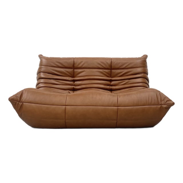 French Togo 2-Seater Sofa in Cognac Leather attributed to Michel Ducaroy for Ligne Roset, 1970s For Sale