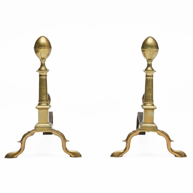 Late 18th Century Tall Antique 18th Century Boston American Federal Column Form Brass Andirons With Lemon Top Finials Circa 1790 - A Pair For Sale - Image 5 of 5
