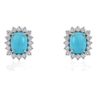 Vintage Inspired 14k Gold 3.88ct Turquoise & Diamond Stud Earrings- A Pair For Sale