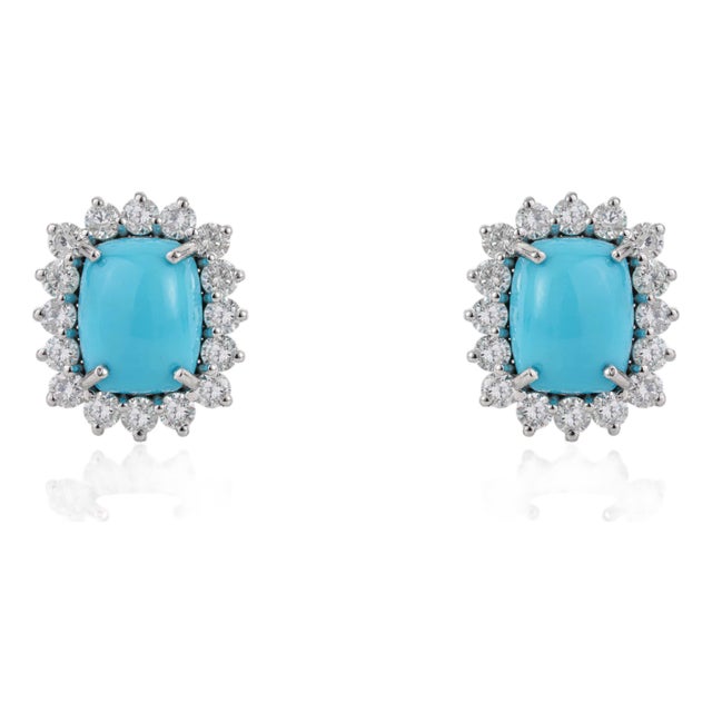 Vintage Inspired 14k Gold 3.88ct Turquoise & Diamond Stud Earrings- A Pair For Sale