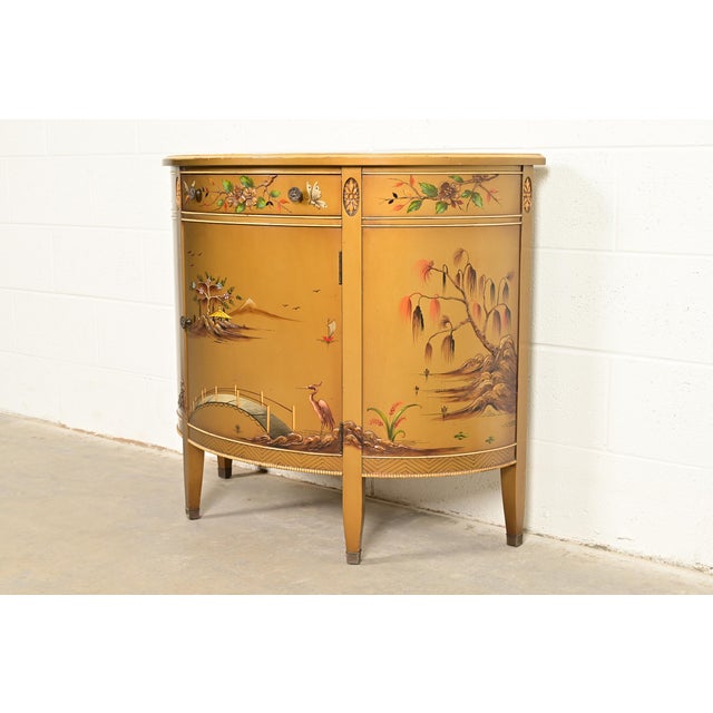 Chinoiserie Imperial Furniture Regency Chinoiserie Gold Lacquered Hand Painted Demilune Console or Bar Cabinet, Circa 1940s For Sale - Image 3 of 14