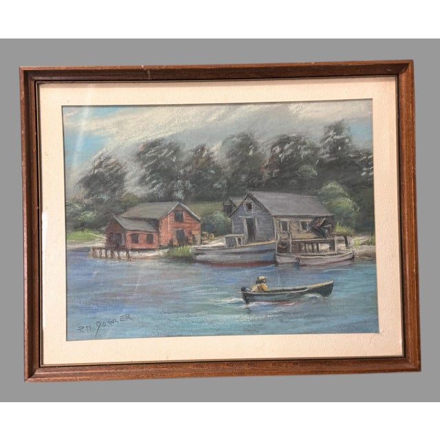 Vintage Rustic Riverside Landscape Framed Pastel Watercolor Painting With Boat For Sale - Image 6 of 6