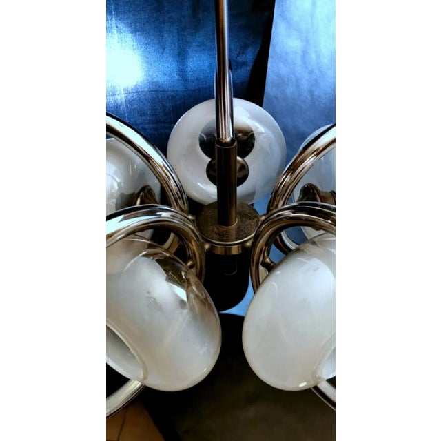 Goffredo Reggiani Style Italian Opaline Glass and Steel Chandelier For Sale - Image 11 of 13