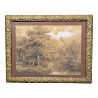 Attributed to Franz Joseph Manskirch (1768–1830) Romantic Charcoal and Pencil Drawing — Couple in a Woodland, 19th Century For Sale