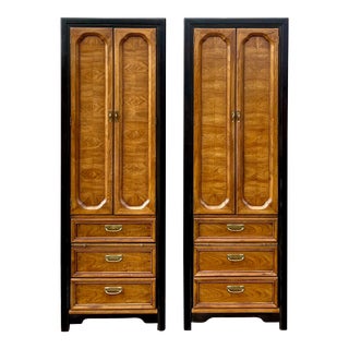 Thomasville Embassy Collection Asian Influenced Pecan & Ebony Bedroom Armoire Cabinets - a Pair For Sale