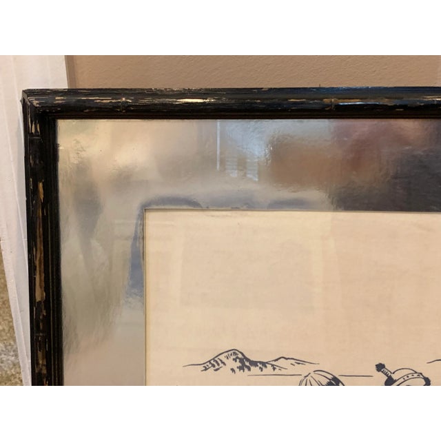 Mid-Century Asian Linen Print With Silver Matting and Frame For Sale - Image 4 of 8