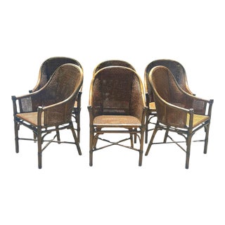 1980's McGuire Barrel Back Organic Rattan Cane Dining Chairs - Set of 6 For Sale