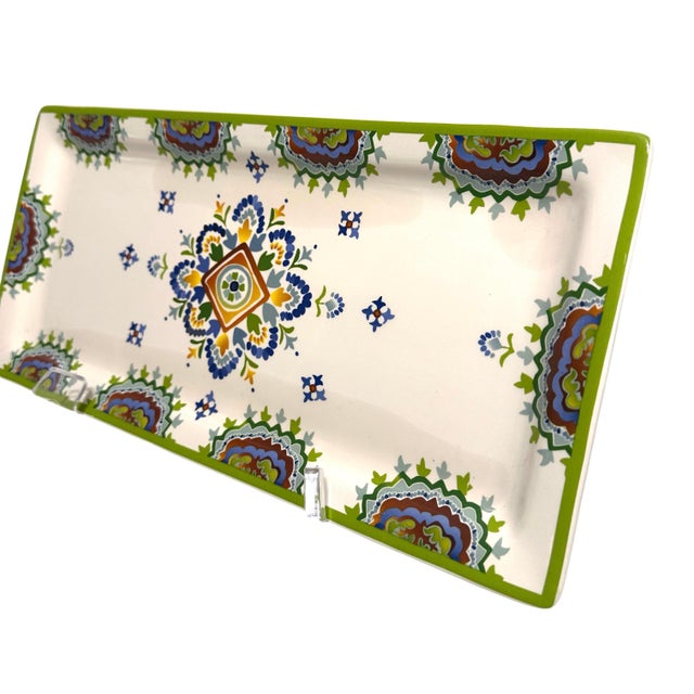 1980s Ceramic Serving Platter With Talavera Style Hand-Painted Decorations For Sale - Image 4 of 9