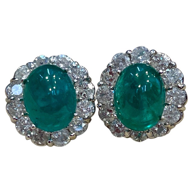 12 Ct Natural Emerald Zambia Cabochon & 4 Ct Diamond Stud Earring 14 KW Gold For Sale - Image 16 of 18