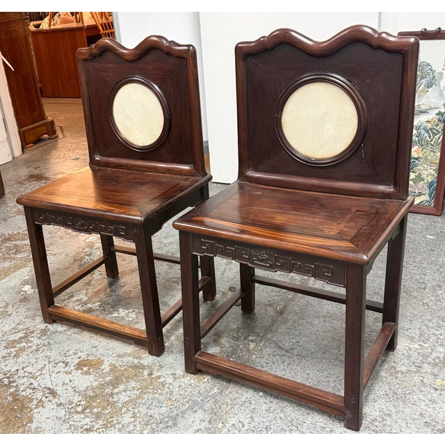 Asian Antique Antique Rosewood Chairs + Round Stone Inserts Side Chairs, Pair. For Sale - Image 3 of 12