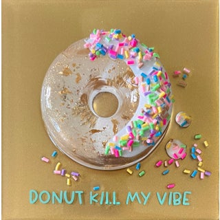 Donut Kill My Vibe #8 by Ana Hefco | Mixed Media on Wood Donut with colorful sprinkles For Sale