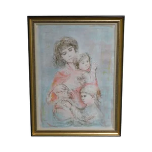 Edna Hibel Signed Framed Limited Edition Color Lithograph "Mother and Two Children" # 155/295
