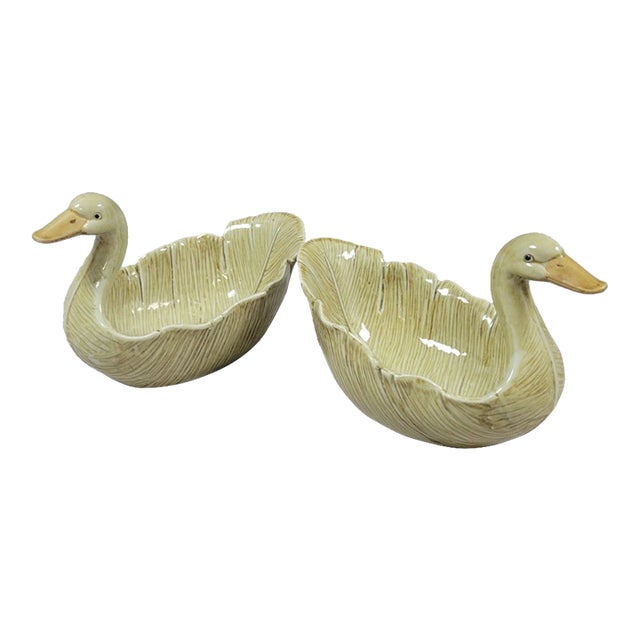 Pair of Pottery Sage Green Goose Bowls For Sale